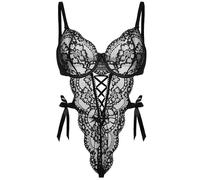 EVELIFE Lencería sexy para mujer, body de una pieza de encaje, body con ligueros, babydoll con escote en V, lencería con lazo de satén lateral, entrepierna con broches, teddy, ropa interior erótica