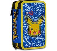 Seven Pokemon - Estuche con 3 Cremalleras, Triple Compartimento, Completo con lápices, rotuladores, Colores, Accesorios de Mochila, elementales, Medios, Superiores, Pikachu, niños y niñas, Amarillo