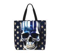 Evengigy Bolsa de mano con estampado de calavera y estrellas y rayas azules y bolsillo interior con cremallera para mujeres, bolsa de compras reutilizable para viajes