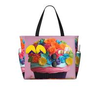 Evengigy Bolsa de playa impermeable con estampado de pastel de flores arcoíris para mujer, bolsa grande para gimnasio, bolsa de transporte para viajes