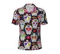 Evengigy Camisa polo de golf para hombre con estampado de calaveras de flores coloridas, a la moda, atlética, de manga corta, clásica, casual, Negro, XL