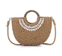 EVEOUT Bolso Bandolera de Paja para Mujer Verano Boho Bolso Cesta Ratán Tejido Bolso de mano Redondo con Conchas Rafia para Playa Vacaciones Boda
