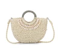 EVEOUT Bolso Bandolera de Paja para Mujer Verano Boho Bolso Cesta Ratán Tejido Bolso de Mano Redondo con Conchas Rafia para Playa Vacaciones Boda