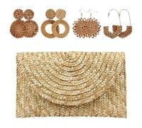 EVEOUT Carteras de mano clutches de paja tejida para Mujer Monedero con pendientes de paja verano Bolsa de vacaciones en la playa