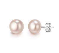 EVER FAITH® 925 pendientes cultivados de agua dulce del perno prisionero botón color de rosa de la perla AAA de plata esterlina 8MM N07150-2