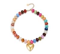 EVER FAITH Collar de perlas de resina Rainbow con corazón para mujer, cadena de perlas de resina con llamativo corazón dorado, gargantilla, bisutería para el día a día, verano, vacaciones, playa