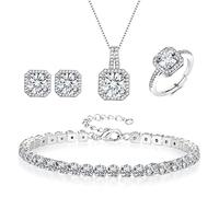 EVER FAITH Conjuntos de joyas de circonita cúbica cuadrada para novia, dama de honor, glamour colgante, collar, pendientes, pulsera de tenis, anillo abierto para mujer, tono plateado claro, Circonita