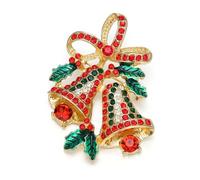 EVER FAITH Jingle Bell Broches para mujer Navidad Vintage Bowknot brillante rojo/verde Rhinestone Crystal Pin para ropa lindo Navidad joyas regalos, Cristal Esmalte