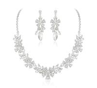 EVER FAITH Juego de joyas de cristal para boda con brillantes, diseño de flores y hojas, collar con pendientes, bisutería para damas de honor, Mittel, Cristal, No es una piedra preciosa
