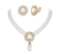 EVER FAITH Juego de joyas de los años 20 de Gatsby Flapper con perlas, estilo vintage, estilo Art Déco, cristal, multihebra, collar y pendientes de perlas Roaring 20s de moda para disfraz de mujer