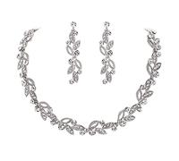 EVER FAITH Juegos de Joyas Mujer Ahuecado Marquesa Cristal Hoja Racimo Collar Pendientes Colgantes Conjunto Claro Tono Plateado