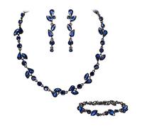 EVER FAITH Juegos de Joyas Mujer Cristal de Diamantes de Imitación Elegante Marquesa Redonda Hoja Conjunto de Collar Pendientes Pulsera para Novia Boda Azul-Tinta Tono Negro