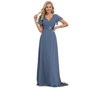 Ever-Pretty A-línea Vestido de Fiesta Cuello en V Manga Corta Gasa Corte Imperio para Mujer Armada Polvorienta 56