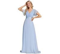 Ever-Pretty A-línea Vestido de Fiesta Cuello en V Manga Corta Gasa Corte Imperio para Mujer Azul Hielo 38