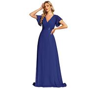 Ever-Pretty A-línea Vestido de Fiesta Cuello en V Manga Corta Gasa Corte Imperio para Mujer Azul Zafiro 54