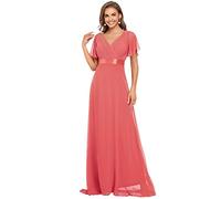 Ever-Pretty A-línea Vestido de Fiesta Cuello en V Manga Corta Gasa Corte Imperio para Mujer Coral 36