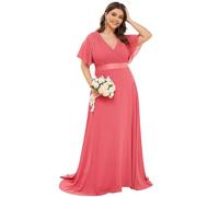 Ever-Pretty A-línea Vestido de Fiesta Cuello en V Manga Corta Gasa Corte Imperio para Mujer Coral 38