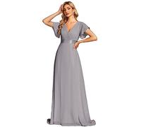 Ever-Pretty A-línea Vestido de Fiesta Cuello en V Manga Corta Gasa Corte Imperio para Mujer Gris 44