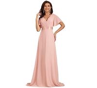 Ever-Pretty A-línea Vestido de Fiesta Cuello en V Manga Corta Gasa Corte Imperio para Mujer Rosado 48