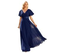 Ever-Pretty A-línea Vestido de Noche Cuello en V Manga Corta Gasa Corte Imperio para Mujer Azul Marino 46