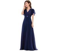 Ever-Pretty A-línea Vestido de Noche Cuello en V Manga Corta Gasa Corte Imperio para Mujer Azul Marino 46