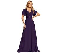 Ever-Pretty A-línea Vestido de Noche Cuello en V Manga Corta Gasa Corte Imperio para Mujer Morado Oscuro 50