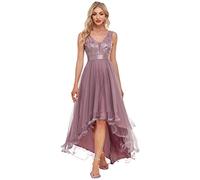 Ever-Pretty Asimétrico Vestido de Fiesta Largo Mujer Tul Lentejuelas Alto Bajo Escote V A-línea Imperio Orquídea 50