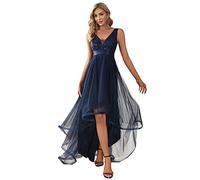 Ever-Pretty Asimétrico Vestido de Fiesta Largo para Mujer Tul Lentejuelas Alto Bajo Escote V A-línea Imperio Azul Marino 44