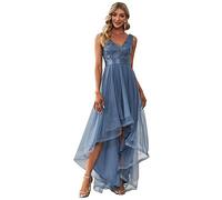 Ever-Pretty Asimétrico Vestido de Fiesta Largo para Mujer Tul Lentejuelas Alto Bajo Escote V A-línea Imperio Armada Polvorienta 42