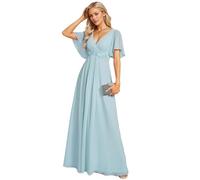 Ever-Pretty Elegantes Vestidos de Noche Vestidos de Novia Extra Largos Vestidos de Invitada de Mujer Cuello en V de Gasa de Cintura Alta Cielo Azul 42