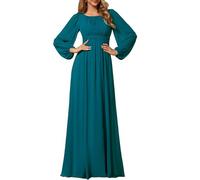 Ever-Pretty Plus Vestido Casual Largo para Mujer Corte Imperio Escote Redondo Talla Grande A-línea Manga Larga Elegantes Verde Azulado 52