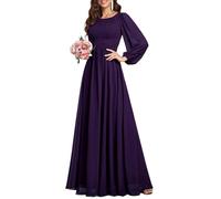 Ever-Pretty Plus Vestido Casual Largo para Mujer Corte Imperio Escote Redondo Talla Grande A-línea Manga Larga Elegantes Morado Oscuro 38