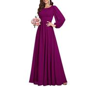 Ever-Pretty Plus Vestido Casual Largo para Mujer Corte Imperio Escote Redondo Talla Grande A-línea Manga Larga Elegantes Púrpura Rojizo 48