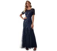 Ever-Pretty Sirena a Fiori Vestido de Noche Lentejuela Tul Vestido de Fiesta Manga Corta Largo Azul Marino 46