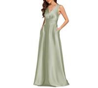 Ever-Pretty Vestido Dama de Honor Largo Elegante con Bolsillos Satín Cuello en V Vestido de Noche Sin Mangas Menta Verde 44