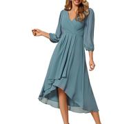 Ever-Pretty Vestido de Boda Invitados Cuello en V Mangas Tres Cuartos para Mujer Vestido de Noche Cintura Imperio de Verano 2025 Azul Polvoriento 46