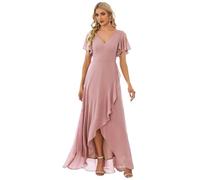 Ever-Pretty Vestido de Fiesta Escote en V Manga Volantes A-línea sin Respaldo Alto Bajo Largo sin Elasticidad para Mujer Elegantes Rosa 42