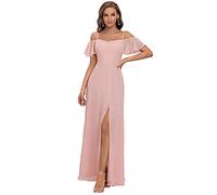 Ever-Pretty Vestido de Fiesta Largo para Mujer Abertura A-línea Fuera del Hombro de Tirante Manga Volantes Rosado 38
