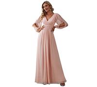 Ever-Pretty Vestido de Fiesta Largo para Mujer Alto Bajo Escote Redondo Manga Corta A-línea Gasa Rosado 38