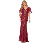 Ever-Pretty Vestido de Fiesta Manga Volante Sirena Largo Elegant Lentejuelas Escote en V para Mujer Burdeos 42