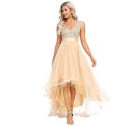 Ever-Pretty Vestido de Gala Alto Bajo sin Elasticidad Lentejuelas Escote en V Corte Imperio A-línea sin Respaldo Cola Larga Elegantes Oro 50