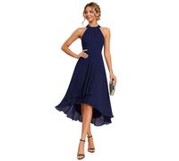 Ever-Pretty Vestido de Invitada Sin Respaldo Pliegues High Low Muselina Dobladillo Irregular Chic Vestido de Noche Elegante Azul Marino 50