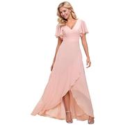 Ever-Pretty Vestido de Noche Escote en V A-línea Manga Volantes sin Respaldo Alto Bajo Largo sin Elasticidad para Mujer Formal Rosado 36