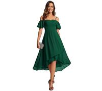 Ever-Pretty Vestido de Noche Gasa Manga Corta Vestido de Invitada de Boda Alta Baja Correas Chic hasta la Rodilla Rosa Verde Oscuro 36