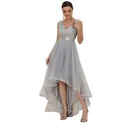 Ever-Pretty Vestido de Noche Largo para Mujer A-línea sin Respaldo sin Mangas Escote en V Corte Imperio Alto Bajo Elegantes Plata 36