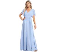 Ever-Pretty Vestido de Noche Largo para Mujer Cuello en V Manga Corta Corte Imperio Plisado Elegantes Azul Hielo 46