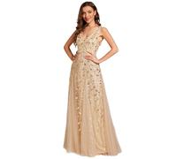 Ever-Pretty Vestido de Noche para Mujer Cuello en V Lentejuelas Invitadas de Boda Largo Sin Mangas Cintura Imperio Formal Fiesta Oro 36