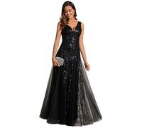 Ever-Pretty Vestido de Noche para Mujer Cuello en V Lentejuelas Invitadas de Boda Largo Sin Mangas Cintura Imperio Formal Fiesta Negro 56