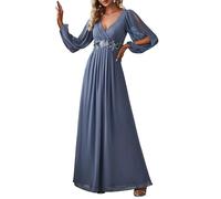 Ever-Pretty Vestido de Noche Talla Grande Largo para Mujer Escote V Profundo Manga Larga A-línea con Apliques Armada Polvorienta 42