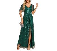 Ever-Pretty Vestido Largo de Invitada Boda Mujer Abertura Cuello en V Doble Asimétrico Lentejuelas Vestido Noche con Cintura Imperio Verde Oscuro 48